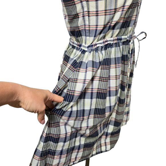 Gap Madras Plaid Dress Size 12 Button-Up Sleeveless Tie Waist Pockets Cotton - Picture 2 of 7